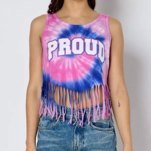 Proud Tie-Dye Fringe Tank Top - Pink and Blue sz L - Picture 2 of 4